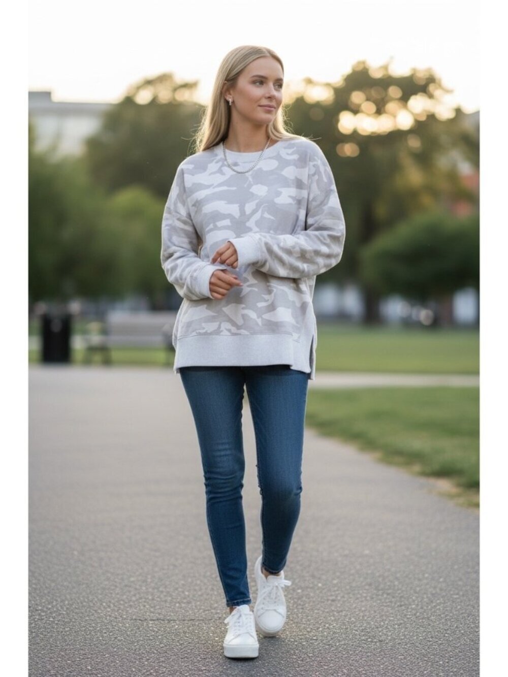 90 Degree By Reflex Women’s Light Gray Camo Sweater